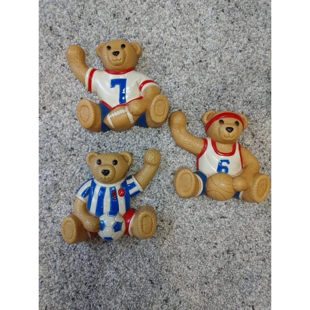 Vtg Syroco Homco Set 3 Teddy Bear Sports Ball Kids Retro Sports Wall Decor